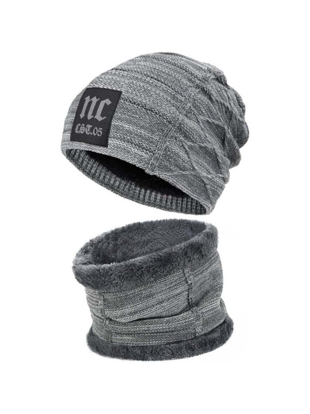 🆕 Men Grey Fleece Lined Winter Cap Beanie Scarf Set Knit Neck Warmer Nice Hat